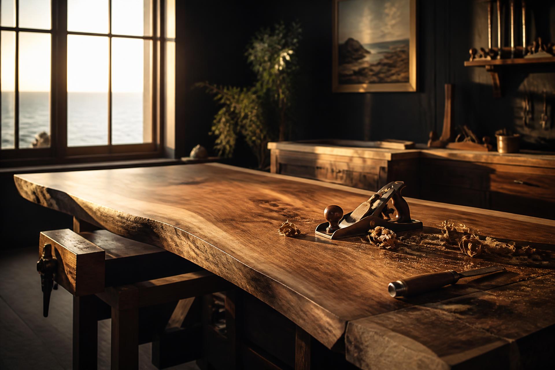 Handcrafted live-edge walnut table in a coastal woodworking workshop at golden hour